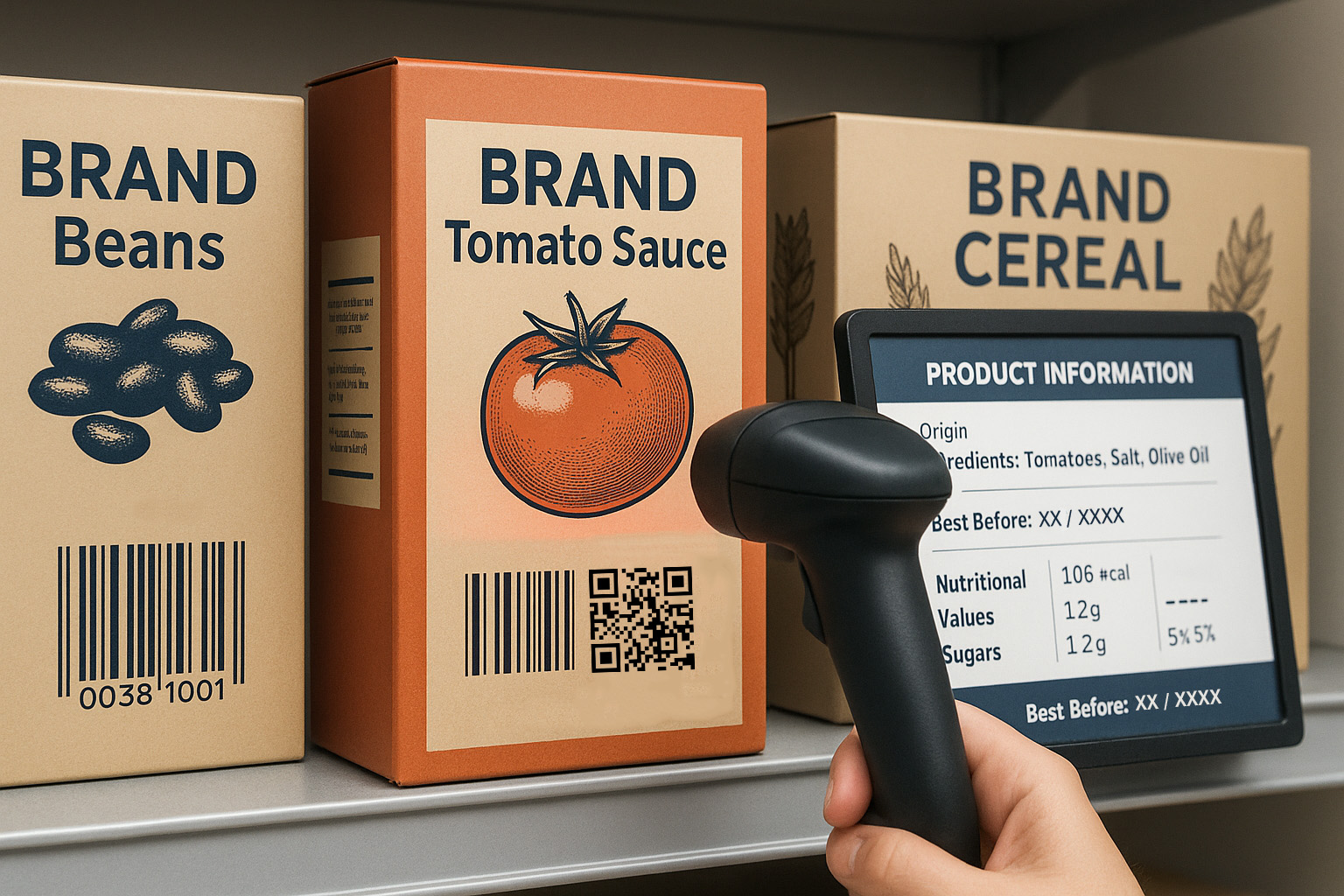 AI-generated image of products, barcodes, and a scanner created using ChatGPT (DALL·E) by OpenAI